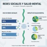 Infografía que muestra estadísticas sobre el uso de redes sociales por grupo de edad y su impacto en la salud mental, incluyendo ansiedad, autoestima y conexión social.